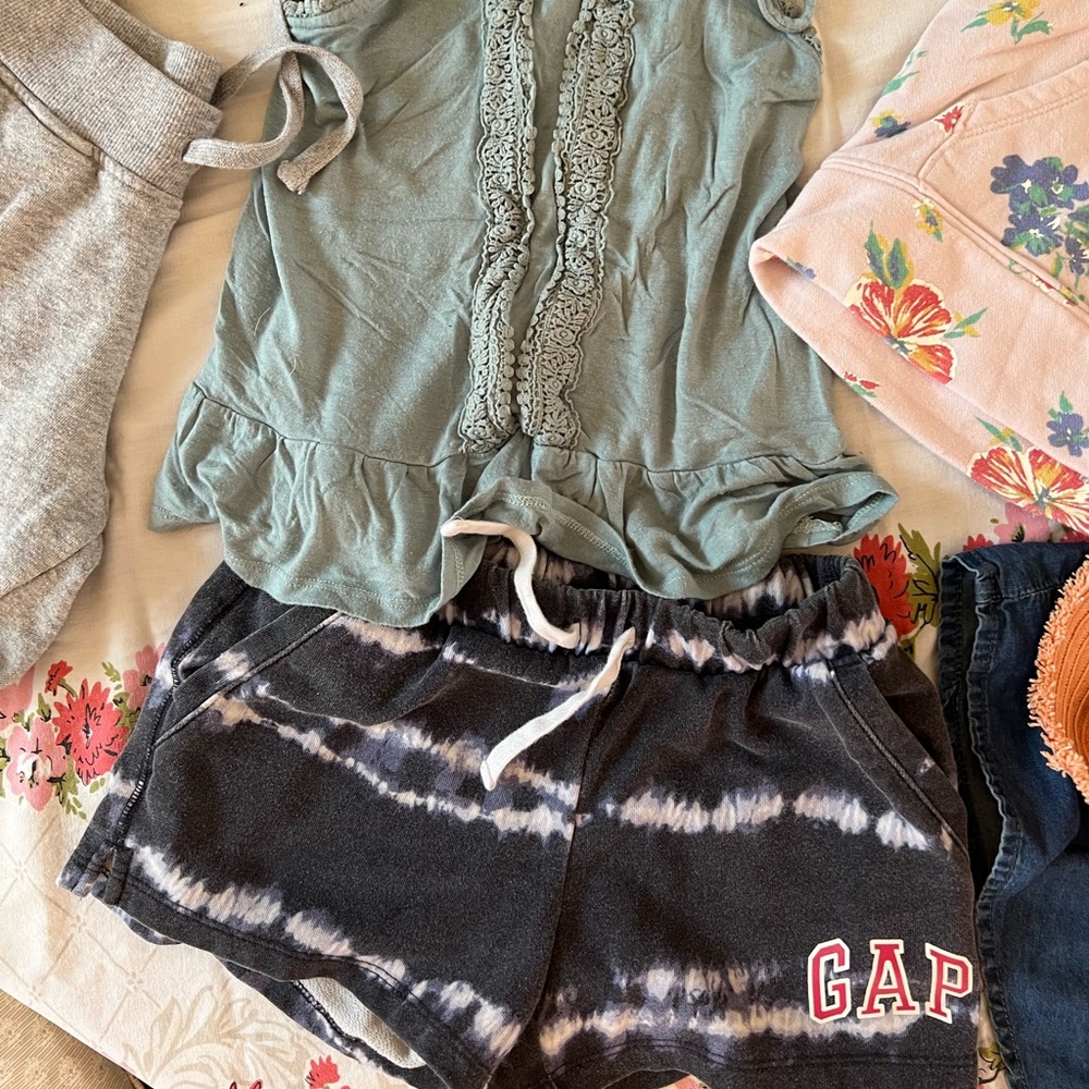 Blue summer top with navy tire dye terry shorts
